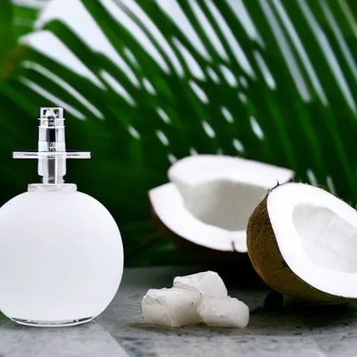 Prompt: centered white perfume bottle next to halved - coconuts, with white crisp zen modern minimalist bacgkround, illumination lighting, sharp focus, vogue, hartper's bazaar