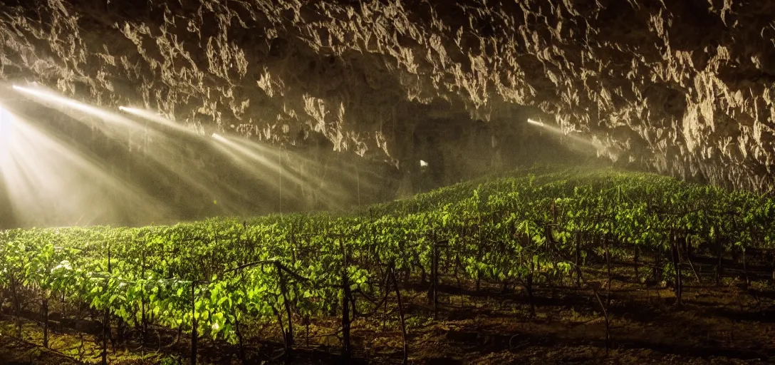 Image similar to large city in underground large cave, vines, god rays shot from far away