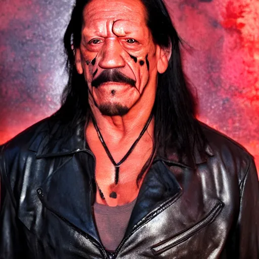 Prompt: danny trejo as the terminator, glowing red eyes