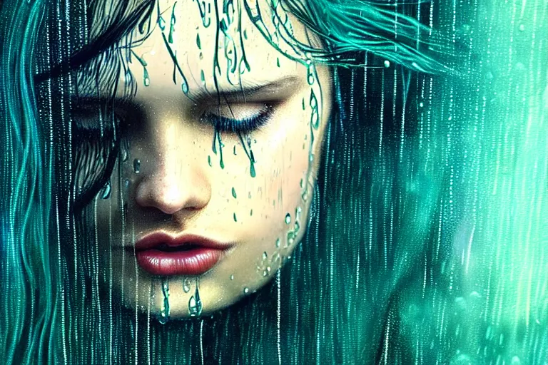 Image similar to girl finding freedom in rain with wet hair and face, teal, fantasy, intricate, elegant, dramatic lighting, emotionally evoking symbolic metaphor, highly detailed, lifelike, photorealistic, digital painting, artstation, concept art, smooth, sharp focus, illustration, art by John Collier and Albert Aublet and Krenz Cushart and Artem Demura and Alphonse Mucha