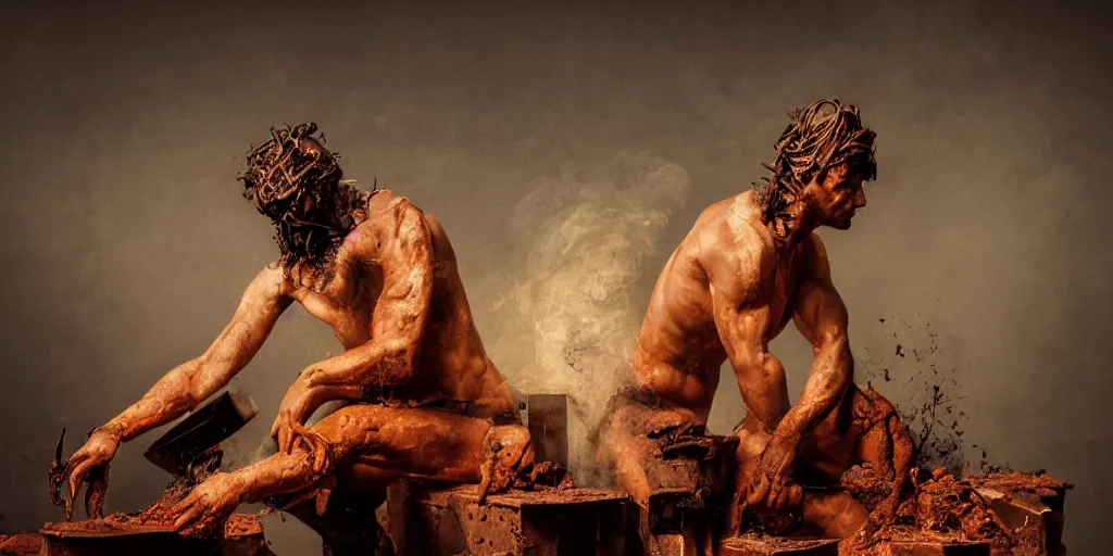 Image similar to highly detailed photography of a men made of rust clay and fire, rocks, hand gesture, sharp focus, dust particles, dirt, dramatic scene, aesthetic, wood, dynamic lighting, elegant, harmony, masterpiece, by roberto ferri, blue background, high quality, spatula