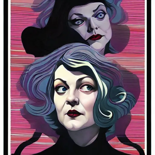 Prompt: comic art by joshua middleton, actress, sheryl lee as laura palmer in the tv show, twin peaks, striped curtains, dark shadows, ominous tones