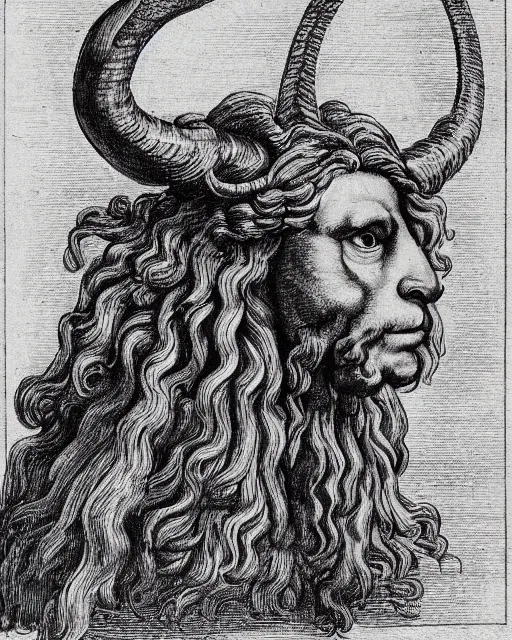 Image similar to a creature, human eyes, eagle beak, lion mane, two horns on the head, drawn by da vinci