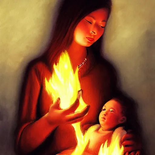 Prompt: beautiful woman cradling her child made of fire by stanley lau, elegant, realistic, loving