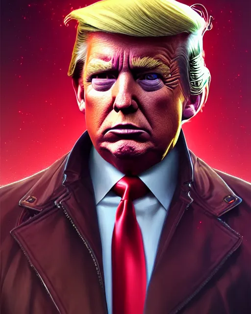 Image similar to highly detailed vfx portrait of donald trump as terminator, stephen bliss, unreal engine, greg rutkowski, loish, rhads, beeple, makoto shinkai and lois van baarle, ilya kuvshinov, rossdraws, tom bagshaw, alphonse mucha, global illumination, detailed and intricate environment