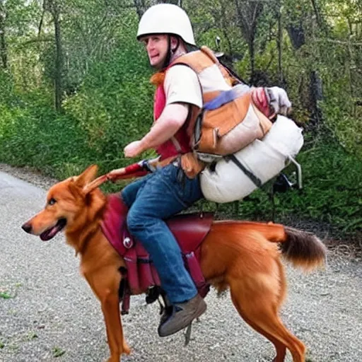 Image similar to a human riding to war on the back of his sheltie dog