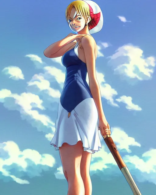 Prompt: a southern woman as nami from one piece, simple cream dress, detailed perfect face, mid view, by artgerm, by studio muti, greg rutkowski makoto shinkai takashi takeuchi studio ghibli