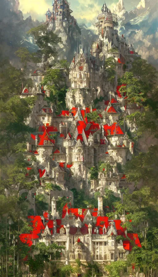 Image similar to castle seen from the sky being attacked by huge red army, cyberpunk, design on white background, beautiful details, lush foliage, drawn by john singer sargent, tom bagshaw, norman rockwell, alphonso mucha, lolish, trending on artstation