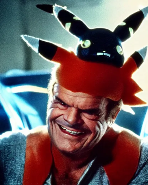 Prompt: Jack Nicholson plays Pikachu Terminator, scene where his inner exoskeleton is visible and his eye glows red, film poster