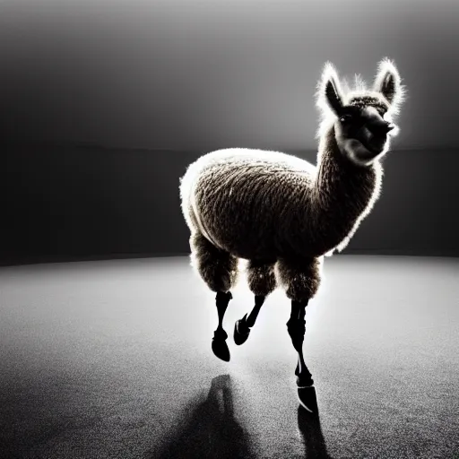 Image similar to film still of a llama dunking a basketball, low angle, extreme long shot, indoors, dramatic backlighting