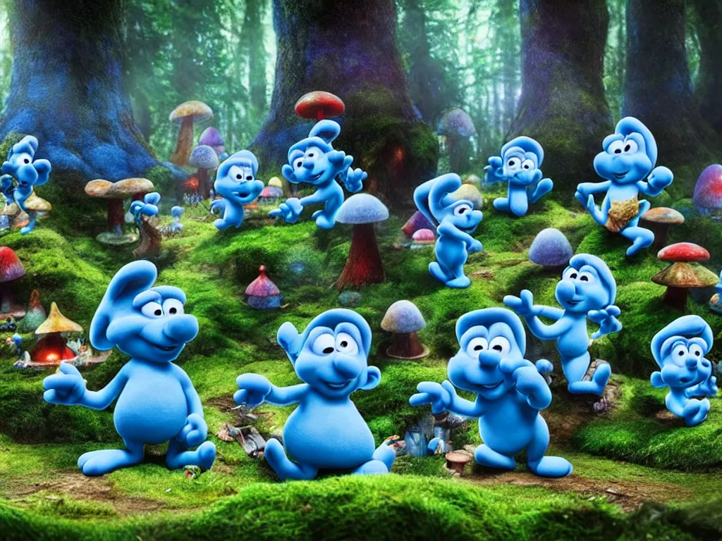 Image similar to smurfs partying in the enchanted forest in their magic mushroom town, photorealistic painting, cgi, low volumetric light, movie still, very cute and cozy and fluffy and sweet