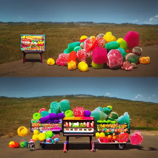 Image similar to super colorful pop rock candy, fruit stand on the side of a dusty country road, dramatic outdoors, 8 k, 4 k, trending on artstation cgsociety, octane ue 5