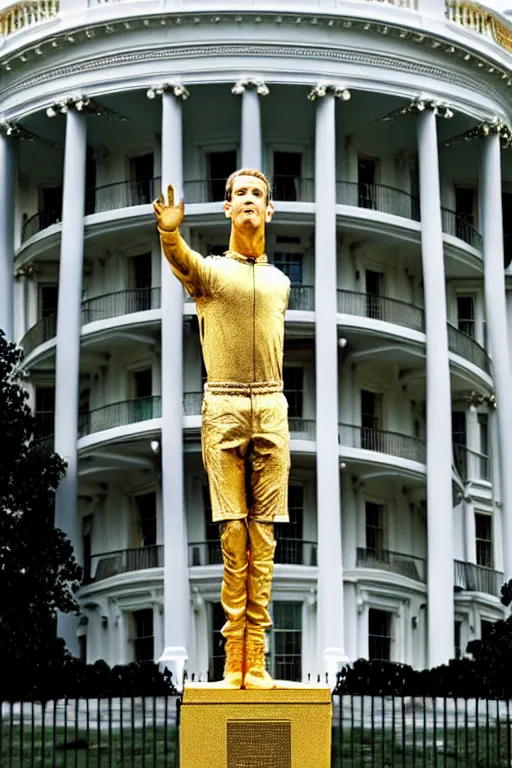 Image similar to A beautiful gold statue of Mark Zuckerberg in front of the White House, photo by Steve McCurry, heroic pose, detailed, smooth, smiling, professional photographer