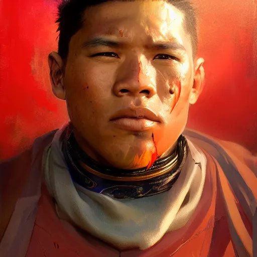 Prompt: greg manchess portrait filipino fighter struck in chestplate with a sword, organic painting, sunny day, matte painting, bold shapes, hard edges, street art, trending on artstation, by huang guangjian, gil elvgren, ruan jia, randy vargas, greg rutkowski