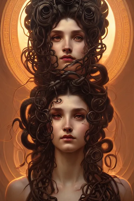 Image similar to greek medusa closeup filled background around face, fantasy magic, undercut hairstyle, dark light night, intricate, elegant, sharp focus, illustration, highly detailed, digital painting, concept art, matte, art by wlop and artgerm and greg rutkowski and alphonse mucha, masterpiece