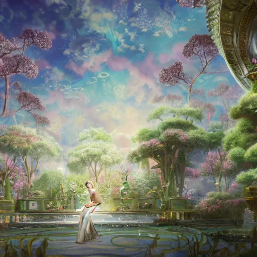 Prompt: dreamy landscape in an ornate baroque aya takano-inspired dream palace sparkle courtyard overgrown with metallic blender renders of falling iridescent flower petals, gorgeous cloud-structures surrounded by cute forest scenery with various futuristic exobiome-related plants, iridescent pixiv scenery artwork ornated by gold-trimmed nature, beautiful surrealism oil painting, trending on artstation