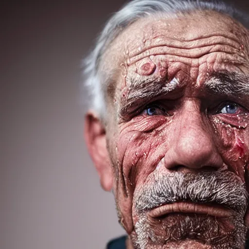 Prompt: a photographic portrait of a rugged elderly man with tears running down face by Martin Schoeller