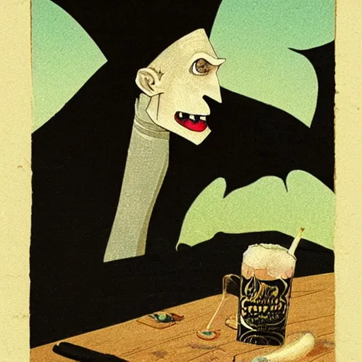 Prompt: portrait of nosferatu lying on the beach, aside a table with beer garlic cigarettes,