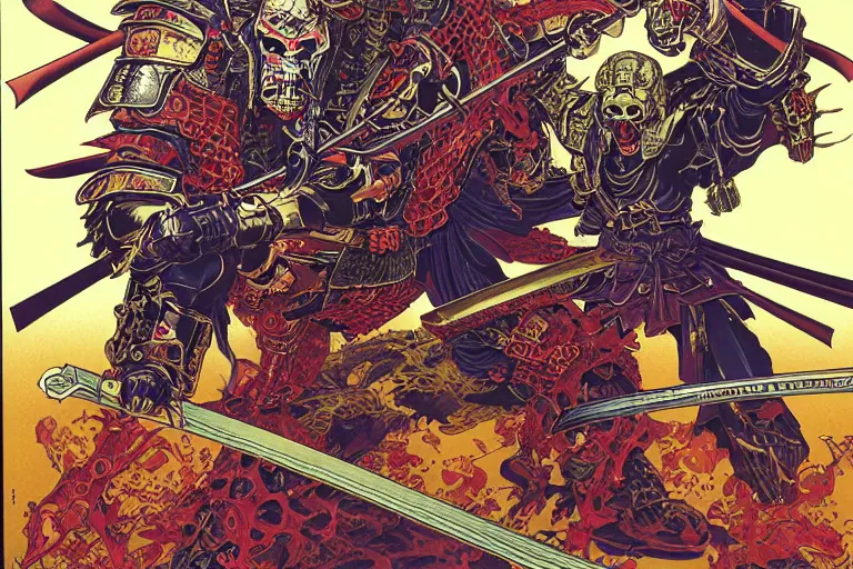 Image similar to poster of crazy skeletor samurai with japanese armor and helmet, by yoichi hatakenaka, masamune shirow, josan gonzales and dan mumford, ayami kojima, takato yamamoto, barclay shaw, karol bak, yukito kishiro