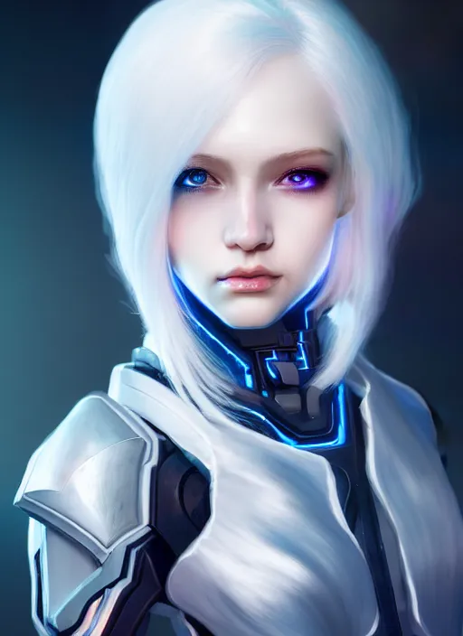 Image similar to detailed portrait of perfect white haired girl, android, warframe armor, beautiful, pretty face, blue cyborg eyes, innocent, scifi, 4 k, sun yunjoo, ultra realistic, aura of light, cinematic lighting, highly detailed, sharp focus, artstation, masterpiece, art by hyungjin yang