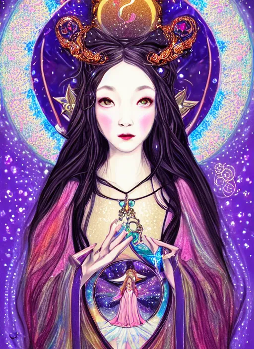 Image similar to fantastic portrait of a beautiftul witch pray with some shinny star, cloak, royally decorated crystal gemstones, symmetrical face, art nouveau, portrait, cute, fairy, by mai yoneyama, detailed background, artstation, intricate, elegant, highly detailed, colorful, maximalist