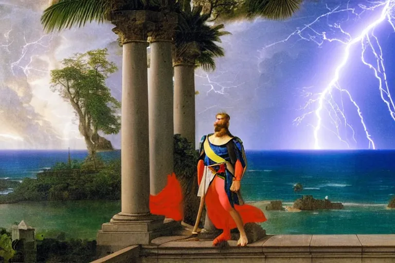 Image similar to Knight on front of balustrade and palace columns, refracted lightnings on the ocean, thunderstorm, tarot cards characters, beach and Tropical vegetation on the background major arcana sky and occult symbols, by paul delaroche, hyperrealistic 4k uhd, award-winning, very detailed paradise