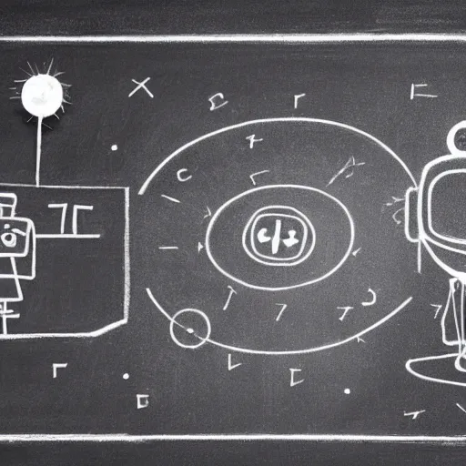 Prompt: a robot explains a black hole using a chalkboard, photo