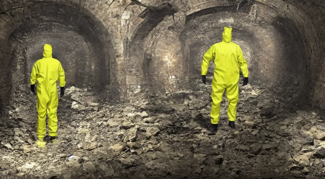 Image similar to a single man in hi viz hazmat suit wanders around a crumbling victorian london sewer, stunning render, high octane, 3 d, cinematic lighting