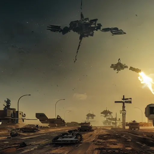 Image similar to machines and robot soldiers run on the horizon in a deserted street full of machines and wrecked cars. there are destroyed and abandoned buildings in the background. rockets take off on the horizon leaving this planet that has become uninhabitable, 4k, highly detailed, cinematic render