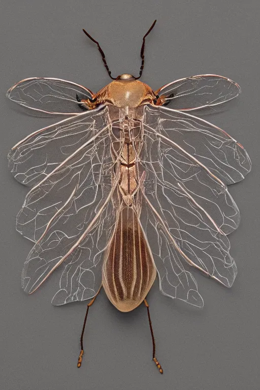 Image similar to transparent rare insect with reaction diffusion patterns. with wings, top down view. close up photo. high detail