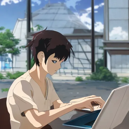 Image similar to concept art of man working on laptop at sunny beach, perfect face, fine details, by makoto shinkai and studio ghibli and kyoto animation