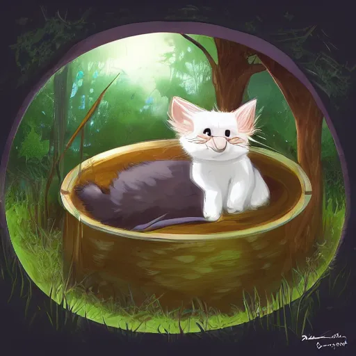 Image similar to cute kitten sleeping in an overgrown oil drum in a forest, digital art, artstation, studio ghibli