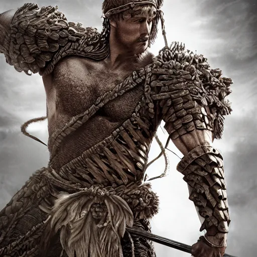 Image similar to muscular warrior with surface of tree - bark, wearing intricate stone wood vines armor, holding halberd with laser blade, battlefield, highly detailed, dramatic lighting, cinematic, sci - fi, hyperrealistic, detailed