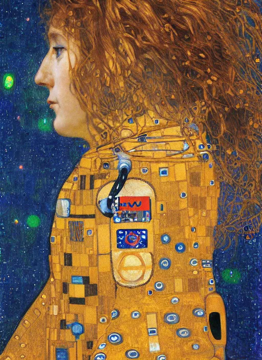 Image similar to woman astronaut in profile, symmetrical, painting by gustav klimt, detailed, ambient lighting, photo realistic, 8 k