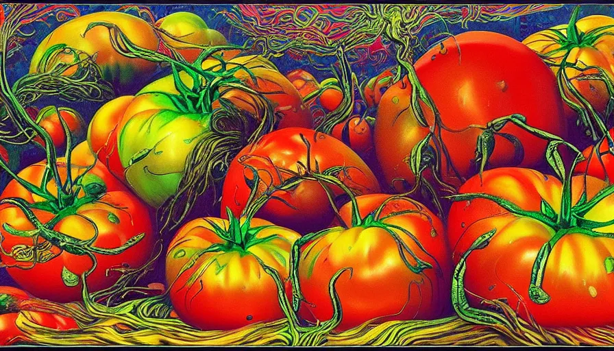 Prompt: psychedelic tomatoes madness fantasycore landscape, detailed and highly reliefed glossy painting and analogue collage with canvas texture in style of contemporary art, photorealistic, surrealism, expressionism, masterpiece, balanced composition, calm vivid colors, grim atmosphere, spectacular quality, CGSociety, intricate oil details by Tim and Greg Hildebrandt and Kay Nielsen