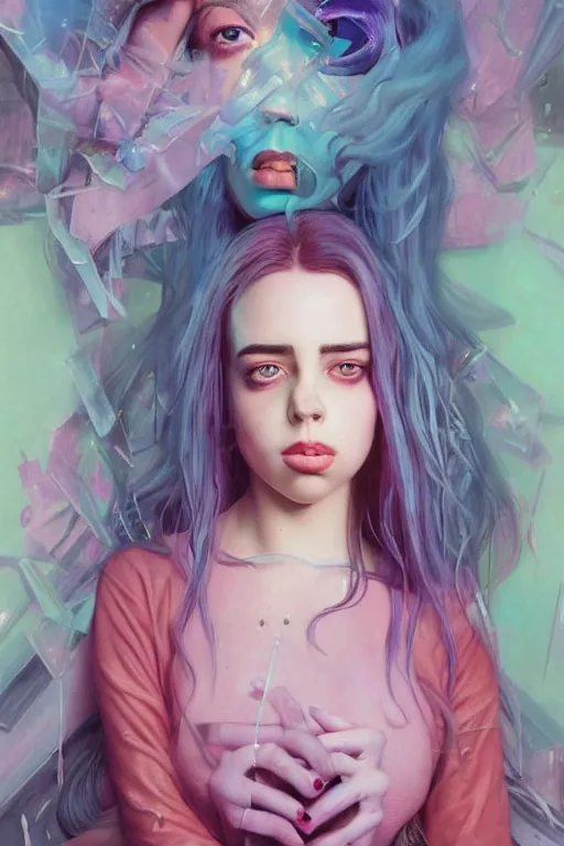Prompt: billie eilish portrait of a vaporwave girl in a cluttered 9 0 s bedroom, by artgerm, tom bagshaw, gerald brom, vaporwave!, vaporwave colors!, lo fi colors, lo fi, 4 k, hd,