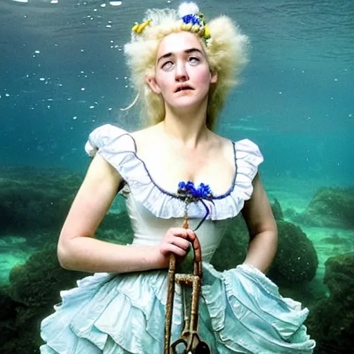 Prompt: A 18th century, messy, white haired, (((happy))) elf princess (look like ((young Kate Winslet))), dressed in a frilly ((lace)), wedding dress, is ((holding a key)). Everything is underwater! and floating. Greenish blue tones, theatrical, (((underwater lights))), high contrasts, fantasy water color, inspired by John Everett Millais's Ophelia