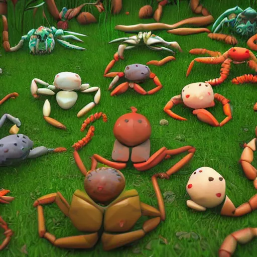 Image similar to large group of crabs and worms, crawling along a bed of moss, low poly, creeper world, handcrafted, artstation, hyperrealistic, hard light, best practices, creeptastic, photorealism, macro perspective, cuddly, Voidless of the Festival!, The Graveyard!!, Blood moon tentacles, outsider art!!!