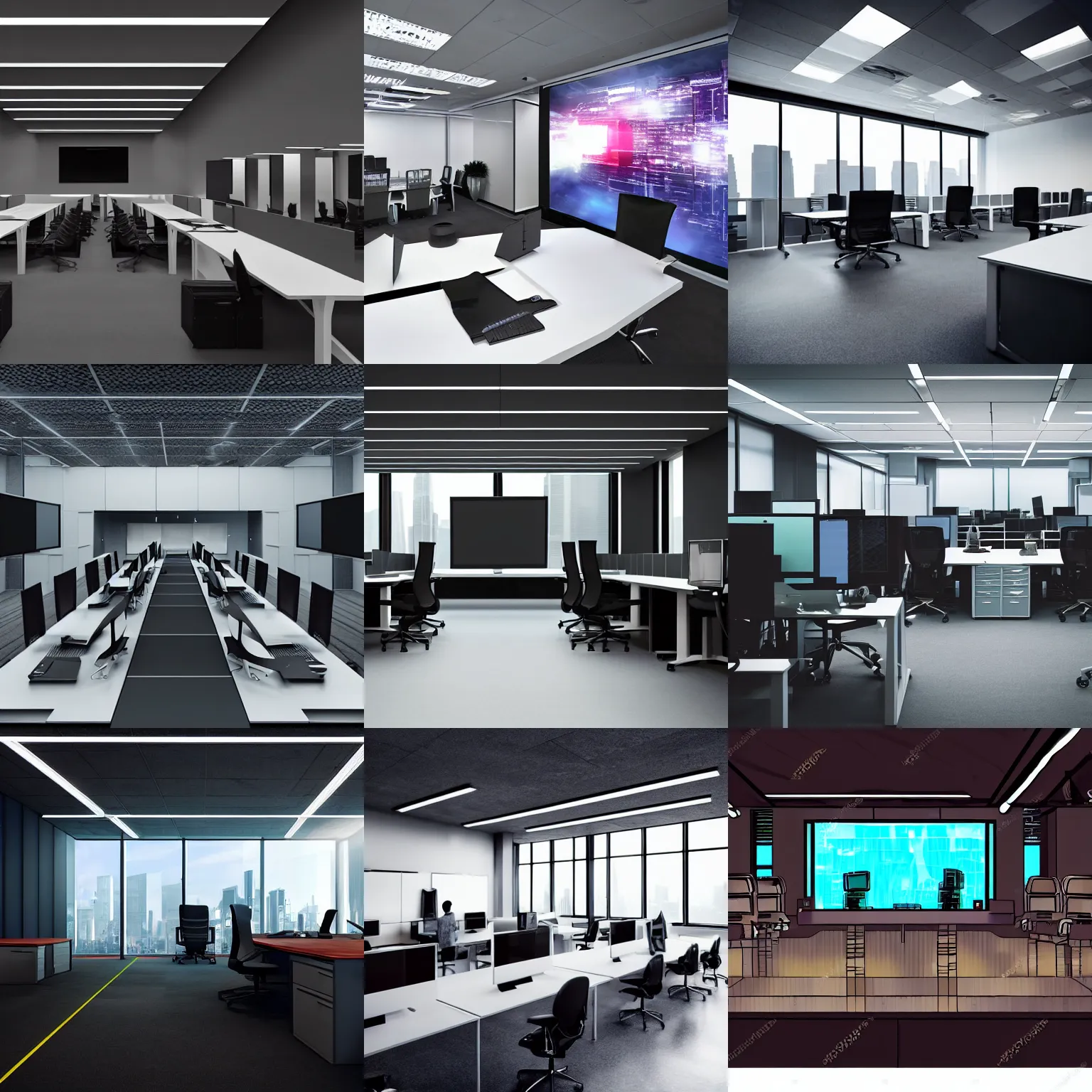 Prompt: ominous spacious office with a giant screen, cyberpunk, sci fi