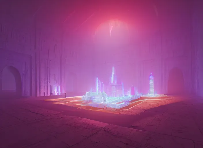 Prompt: An illustration of an underground temple with light shining in through the surface by Beeple ,trending on artstation