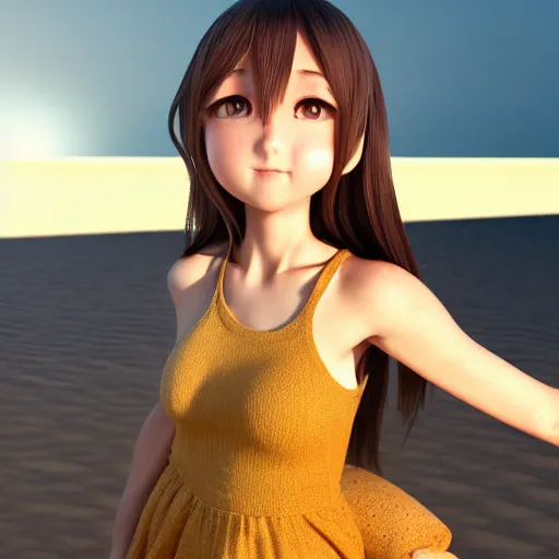 Image similar to Render of a beautiful 3d anime girl, long hair, hazel eyes, cute freckles, full round face, short smile, cute sundress, golden hour, serene beach setting, medium shot, mid-shot, highly detailed, trending on Artstation, Unreal Engine 4k