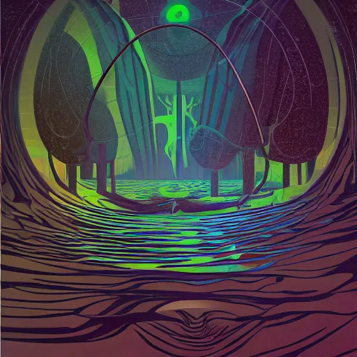 Prompt: technological refracting abyssal stream circle heron viola noir kudzu , by Vincent Di Fate and Dan Mumford and Arthur Skizhali-Weiss , postmodern , pixel perfect , Ambient Occlusion