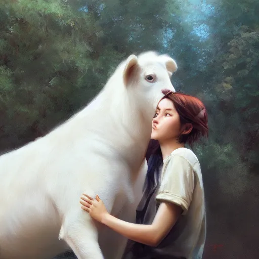 Image similar to a person hugging a large white animal, a detailed painting by krenz cushart, pixiv contest winner, fantasy art, official art, detailed painting, pixiv. highly detailed. 4 k masterpiece. photo realistic. realism. photorealism wideshot