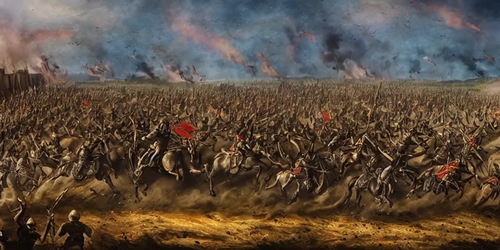 Image similar to medieval battlefield filled with cavalry fleeing from monster trucks