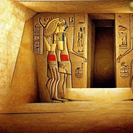 Image similar to Super realistic picture of what is inside the secret chamber of the pyramid of Giza, egypt, ancient, high detail, dessert