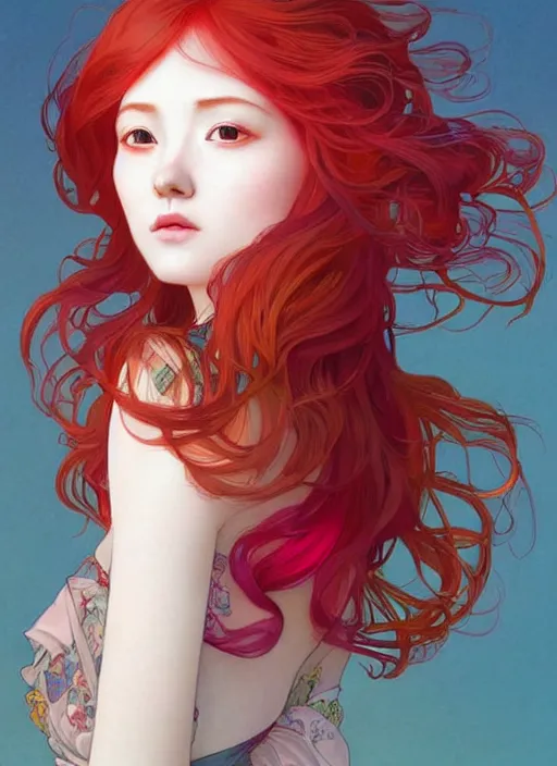 Prompt: colourful upper half portrait of a beautiful red - hair girl - art by tenmyouya hisashi, hsiao - ron cheng & alphonse mucha, highly detailed, digital painting, illustration, smooth, sharp focus, intricate, symmetry, pinterest, behance, artstation