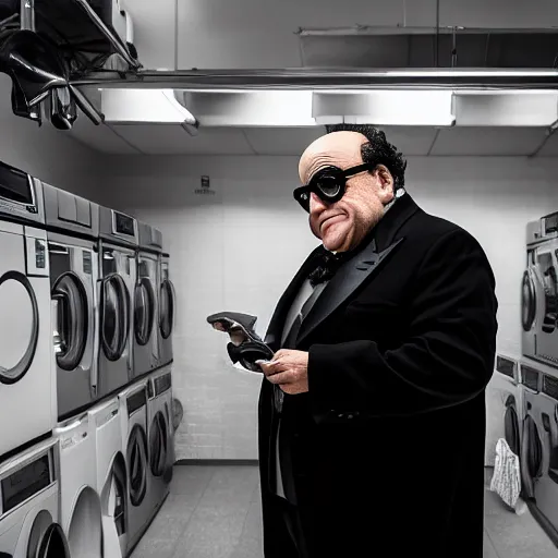 Image similar to danny devito as the penguin batman returns doing laundry ( sony a 7 r iv, symmetric balance, polarizing filter, photolab, lightroom, 4 k, dolby vision, photography awardm, voque, perfect face )