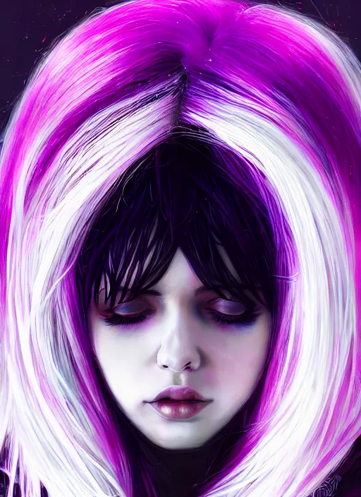 Image similar to hair whitebangs hair, black cyberlox, portrait of teenage girl with white bangs, whitebangsblackhair, messy bangs, cyberlox, whitebangs, red irises, purple clothes, intricate, elegant, glowing lights, highly detailed, digital painting, artstation, concept art, sharp focus, illustration, art by wlop, mars ravelo and greg rutkowski