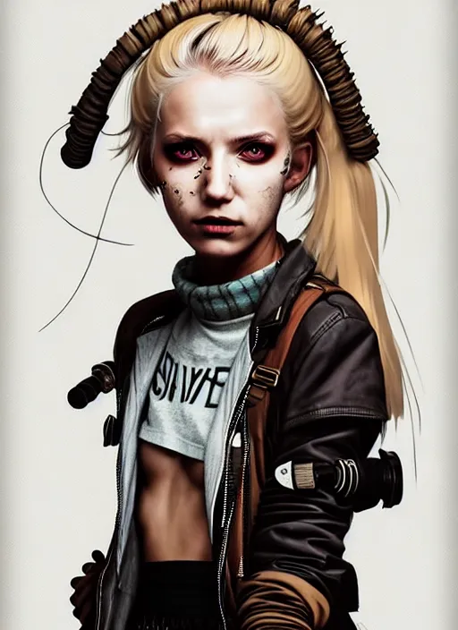 Image similar to highly detailed closeup portrait of a sewer punk swedish female road warrior student, tartan garment, blonde hair pigtails with headband by atey ghailan, by greg rutkowski, by greg tocchini, by james gilleard, by joe fenton, by kaethe butcher, gradient sapphire, black, brown and white color scheme, grunge aesthetic!!! white graffiti tag wall background