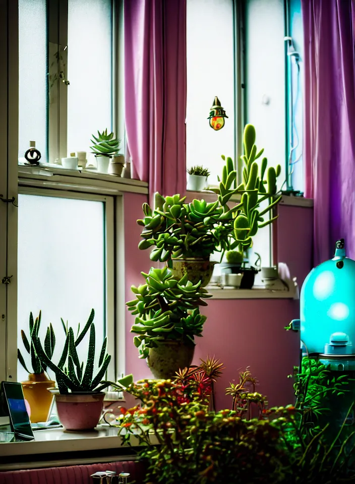 Image similar to telephoto 7 0 mm f / 2. 8 iso 2 0 0 photograph depicting the feeling of chrysalism in a cosy cluttered french sci - fi ( art nouveau ) cyberpunk apartment in a pastel dreamstate art style. ( computer screens, window ( rain ), sink, potted succulents, lamp ( ( ( fish tank ) ) ) ), ambient light.